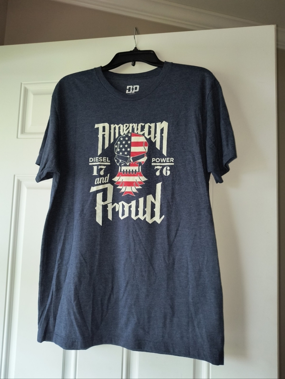 Diesel Power Gear Mens Blue Graphic Logo American Flag Proud Skull Tshirt Large